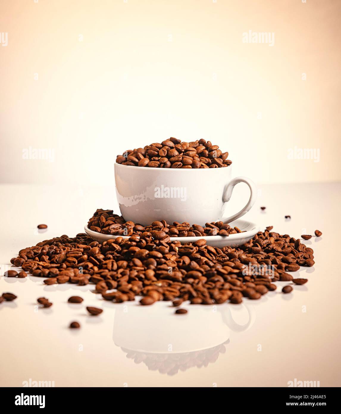 Kaffeetasse gefüllt mit Bohnen auf einer High-Key-Einstellung Stockfoto