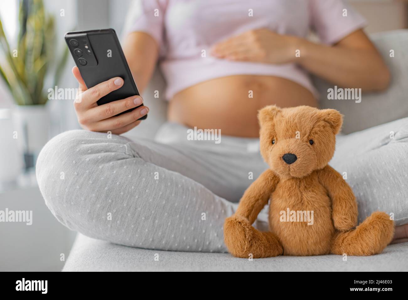 Schwangerschafts-App für Schwangerschafts-pränatalen Online-Kurs. Schwanger Frau mit Handy mit Fokus auf Baby-Spielzeug Teddybär. Kindertagesstätte, Neugeborenes Stockfoto
