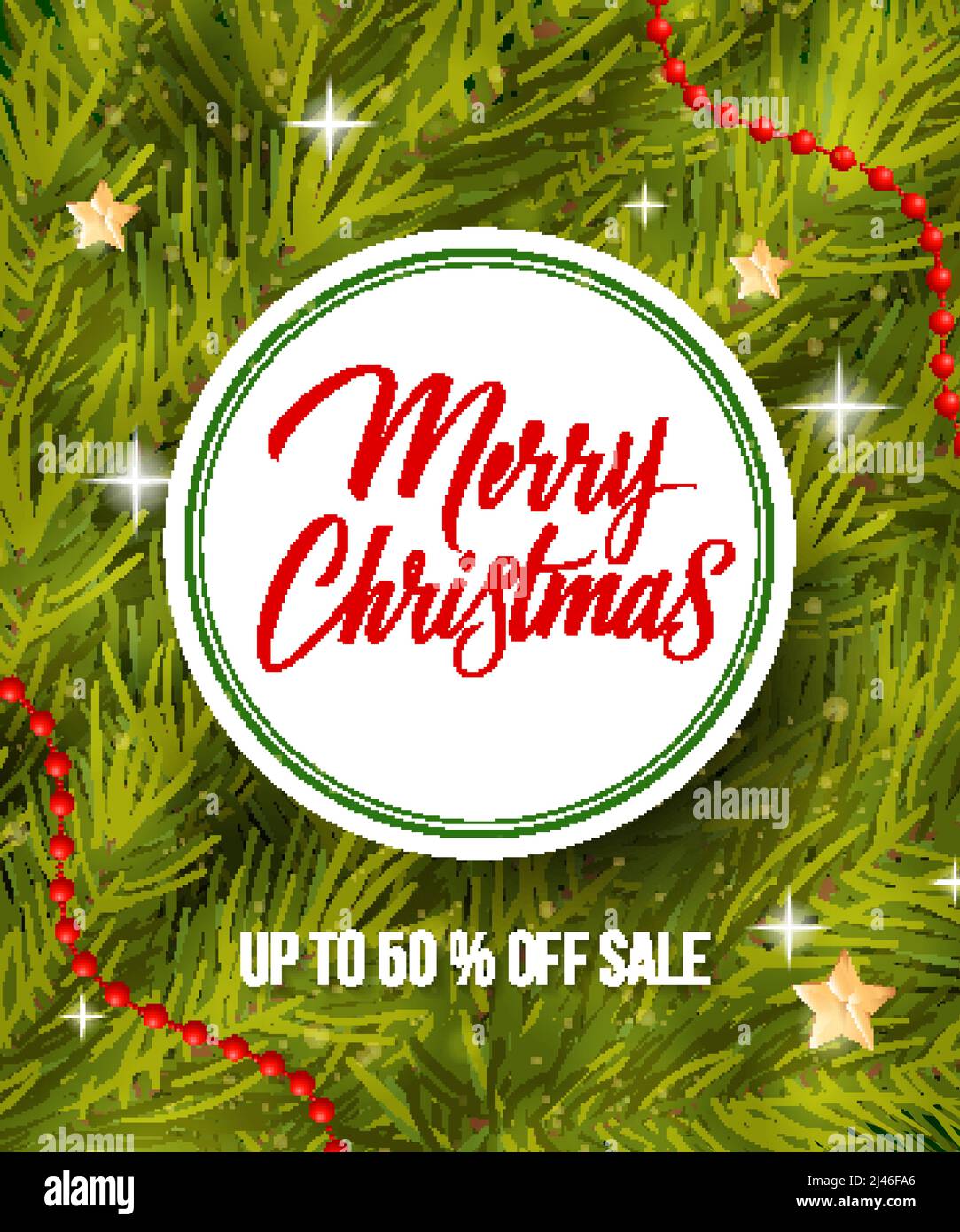 Frohe Weihnachten und bis zu fünfzig Prozent Sale-Schriftzug in rundem Rahmen und Tannenzweigen, Sterne und funkelt auf dem Hintergrund. Beschriftung kann für le verwendet werden Stock Vektor