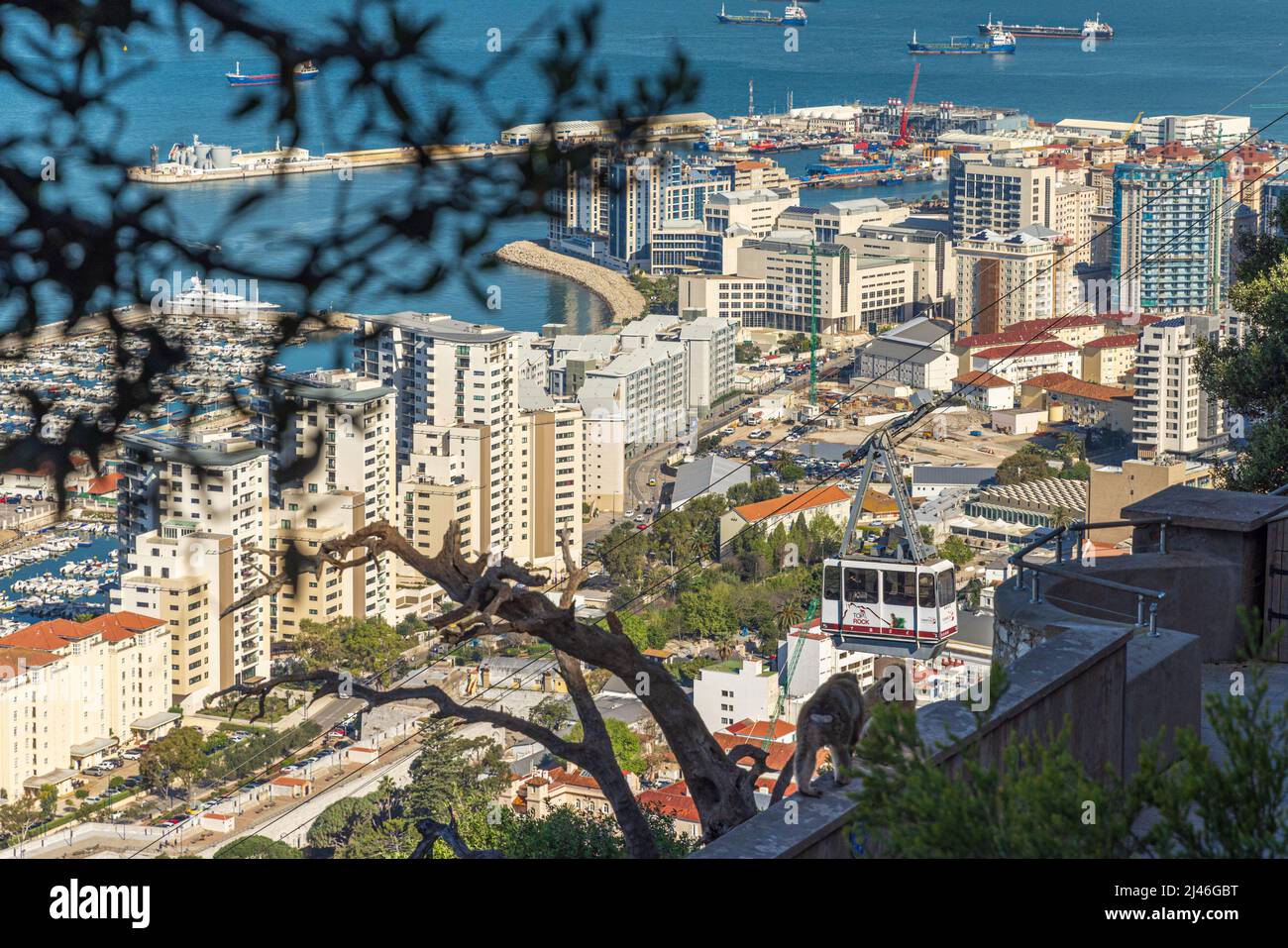 GIBRALTAR, Großbritannien - 7. APRIL 2022 - Seilbahn mit Blick auf Gibraltar und Barbaren Makaken an der Wand. Stockfoto