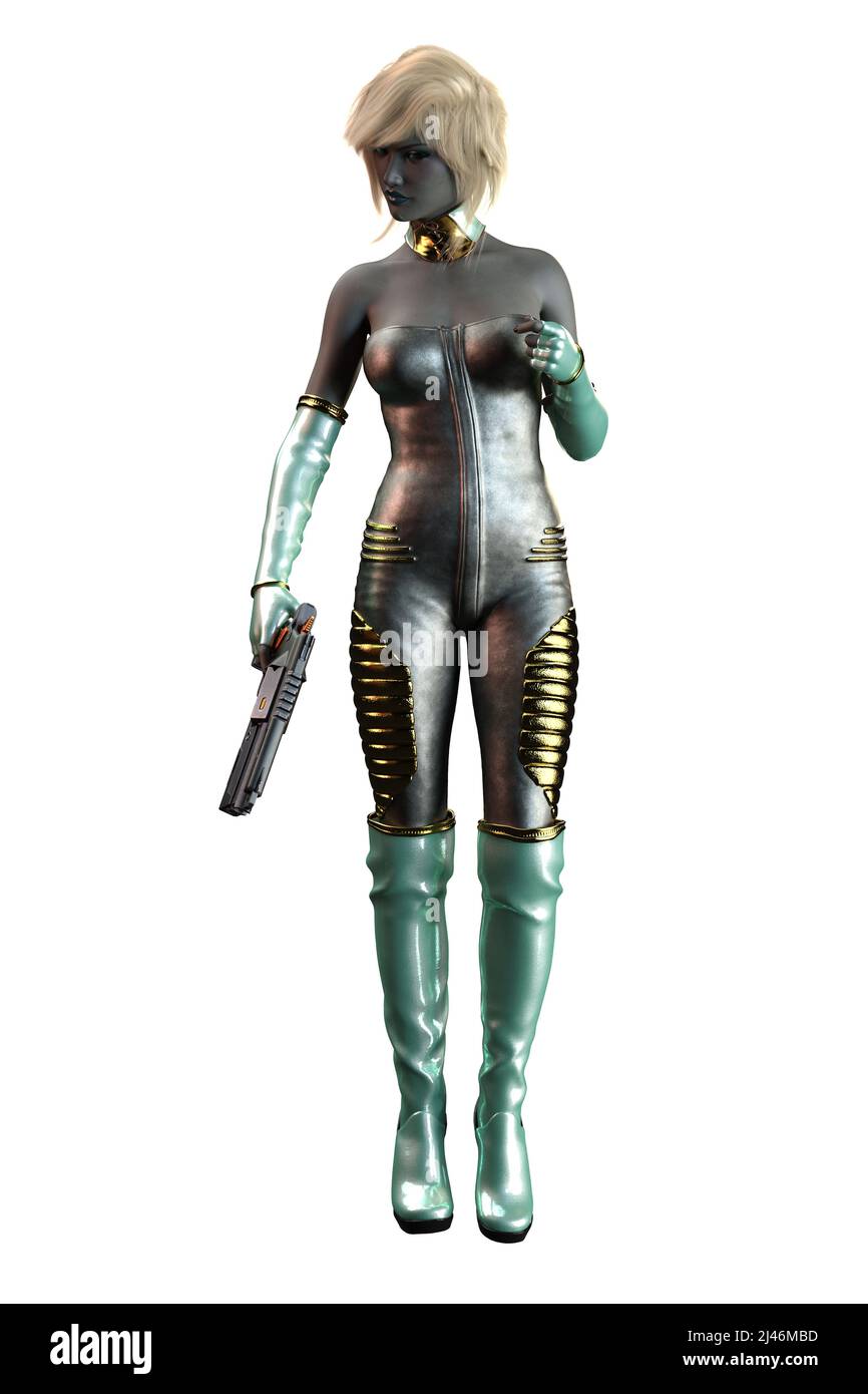 SciFi Alien Woman mit grauer Haut, 3D-Illustration, 3D-Rendering Stockfoto