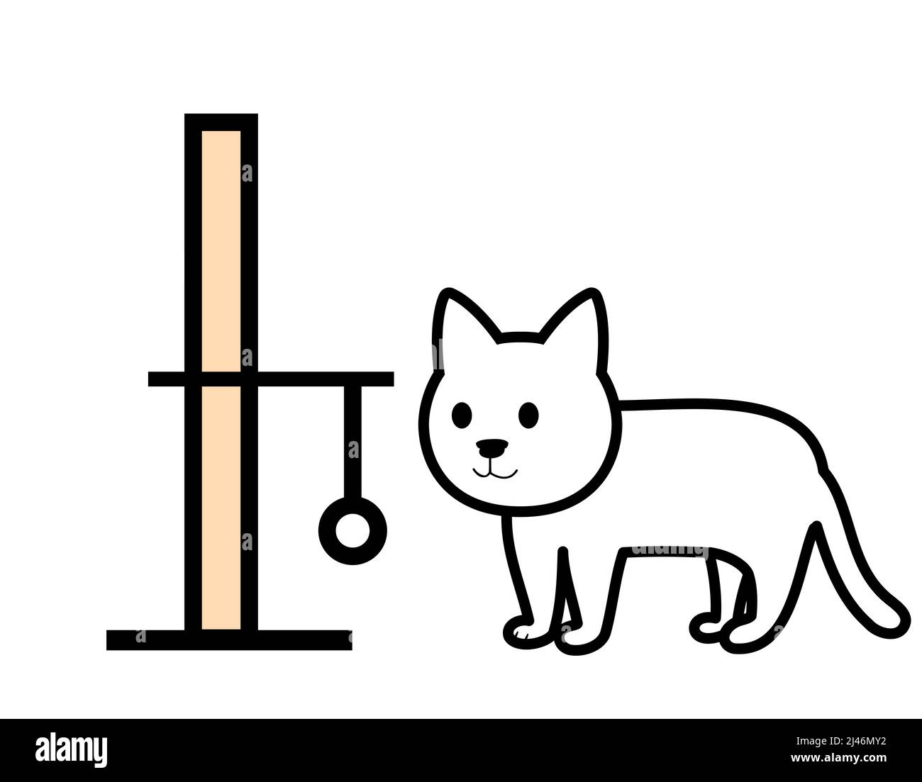Eine Ikone einer weißen Katze neben einem Kratzer, ein Katzenbaum mit weißem Hintergrund Stockfoto