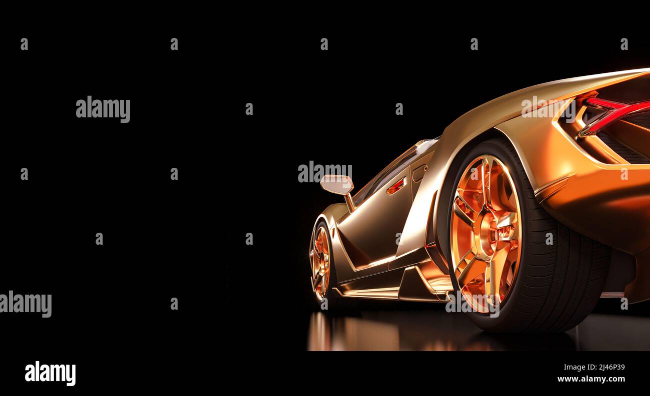 Goldener Sportwagen auf Schwarz, Rückansicht. 3D Rendern Stockfoto