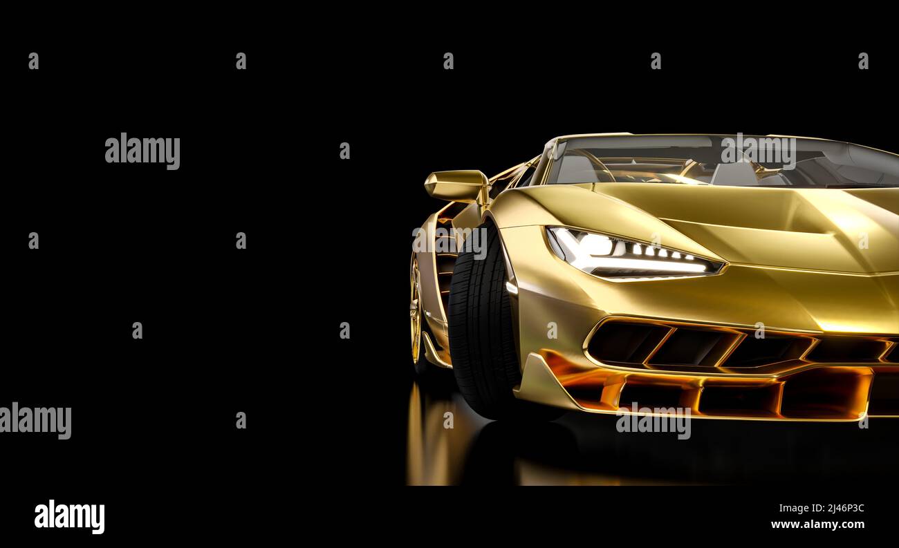 Luxuriöser goldfarbener Sportwagen, Copyspace. 3D Rendern Stockfoto