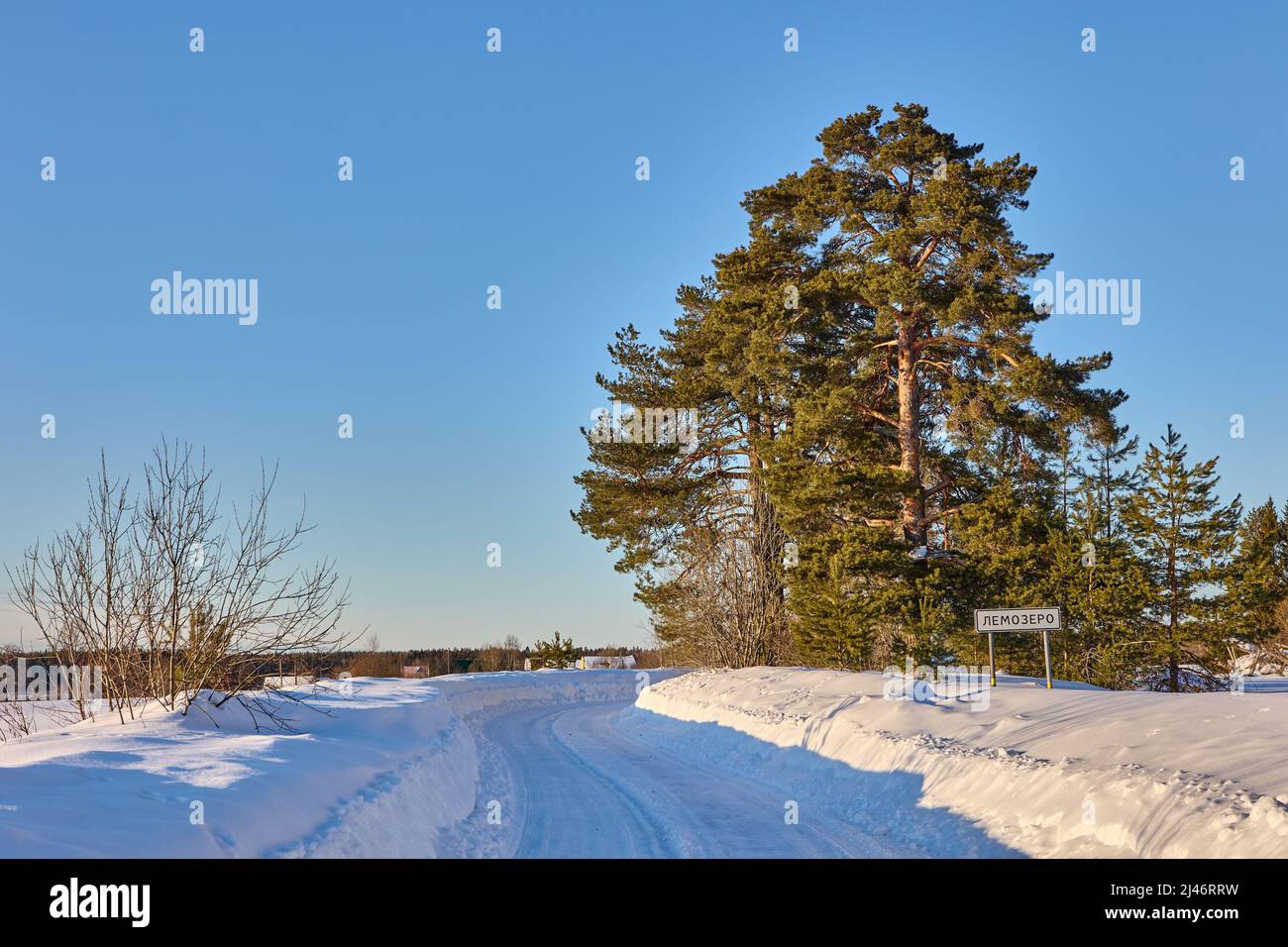 Schneebedeckte Feldstraße im Winter Republik Karelien, Russland, weist das Straßenschild auf das Dorf Lemozero hin. Stockfoto
