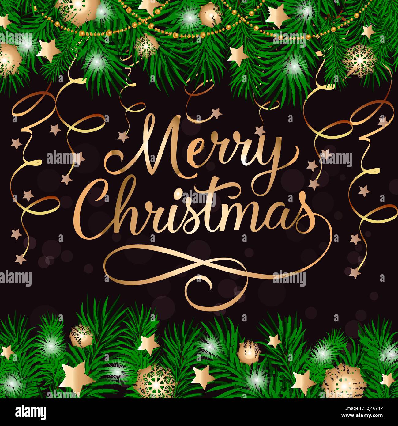 Fröhliche Weihnachtsschrift mit Tannenzacken, Streamer und Perlenschnüren auf dunklem Hintergrund. Kann für Postkarten, Banner, Poster verwendet werden. Stock Vektor