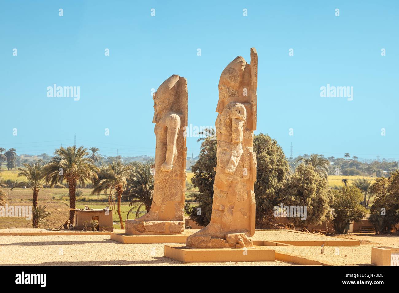 Kolossale Statuen von Pharaonen in Luxor oder im alten Theben. Touristische Attraktionen in Ägypten Stockfoto