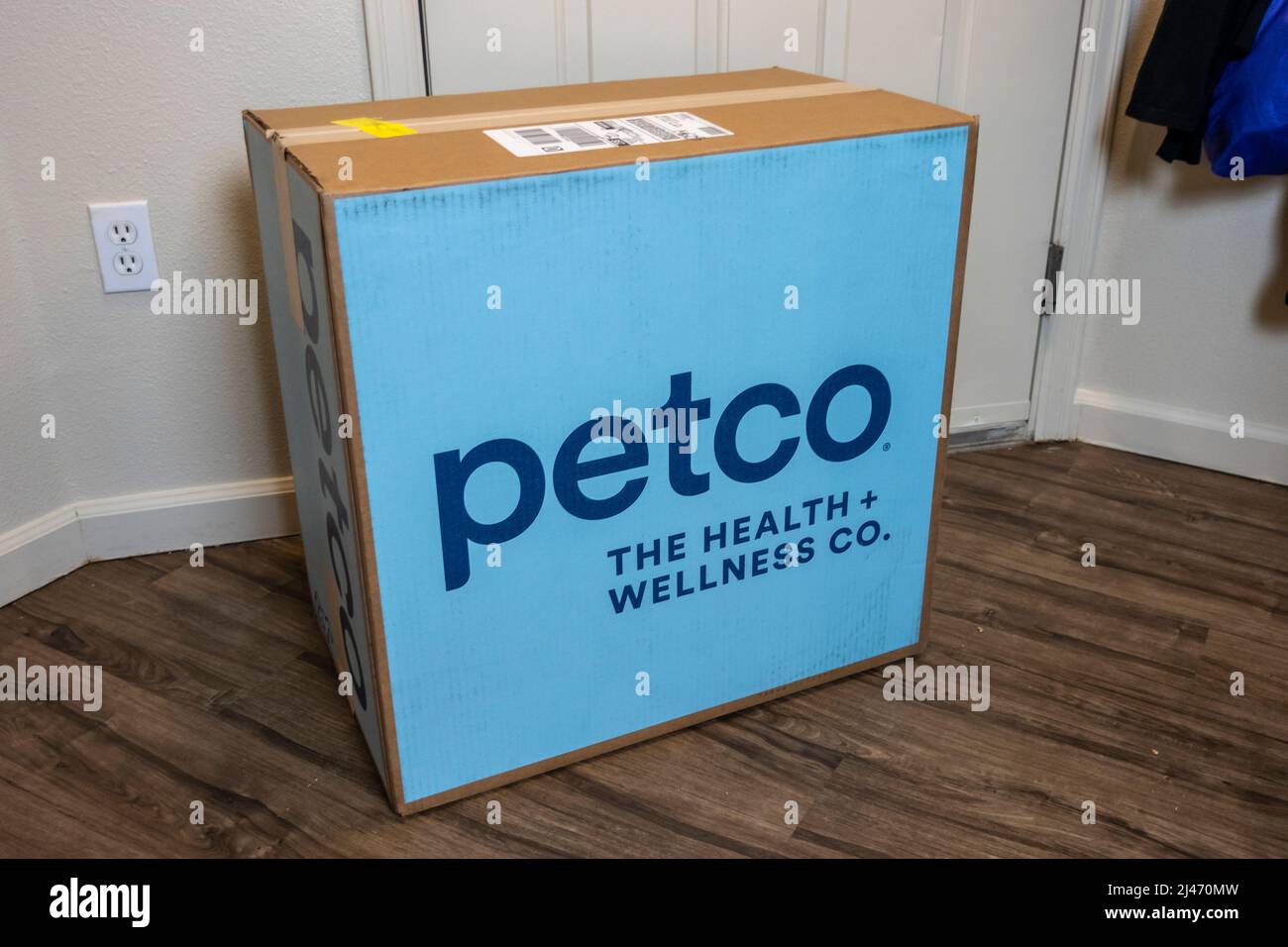 Seattle, WA USA - ca. April 2022: Schräge Ansicht eines großen Lieferpakets aus dem Jahr Petco.com in der Eingangstür eines Hauses. Stockfoto