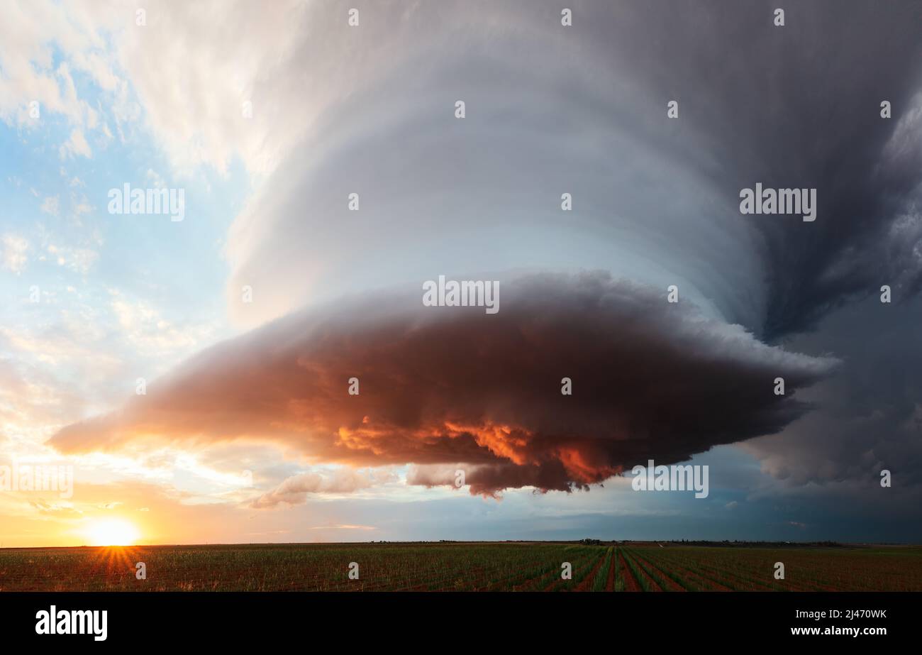 Supercell-Sturmwolken bei Sonnenuntergang über einem Feld in der Nähe der Erde, Texas, USA Stockfoto