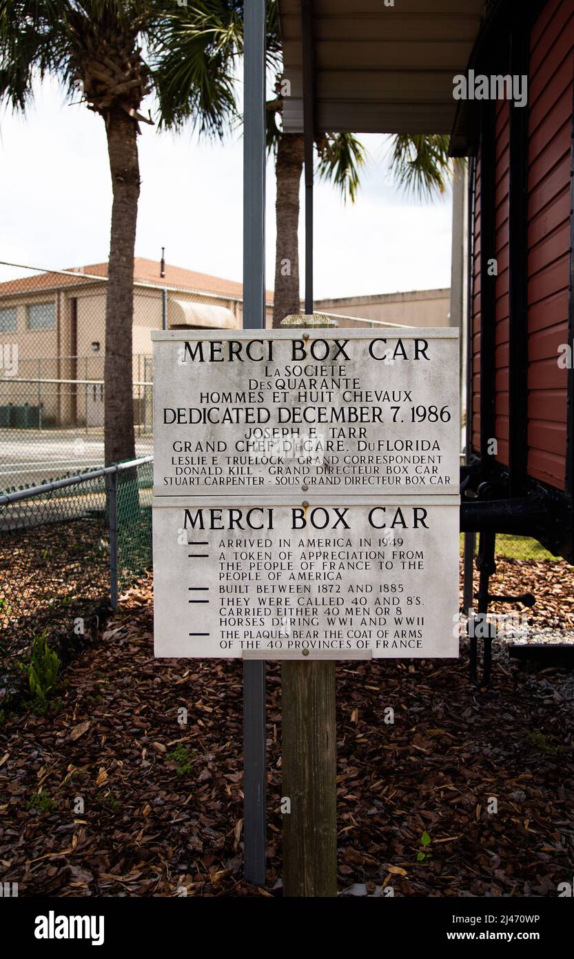 Der Merci Box Car, Dankbarkeit Zug in Florida befindet sich in Holly Hill neben dem Rathaus in Veteran's Memorial Park Stockfoto