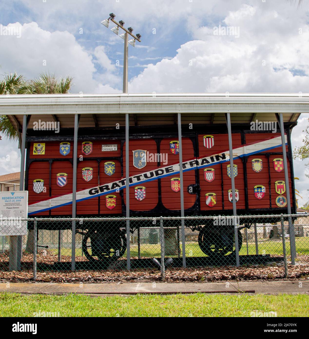 Der Merci Box Car, Dankbarkeit Zug in Florida befindet sich in Holly Hill neben dem Rathaus in Veteran's Memorial Park Stockfoto