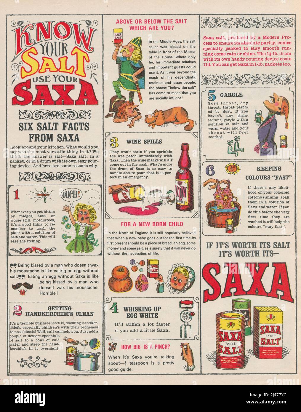 SAXA Salz Vintage Papier Advesteigung Anzeige 1960s Zeitschrift Anzeige Stockfoto