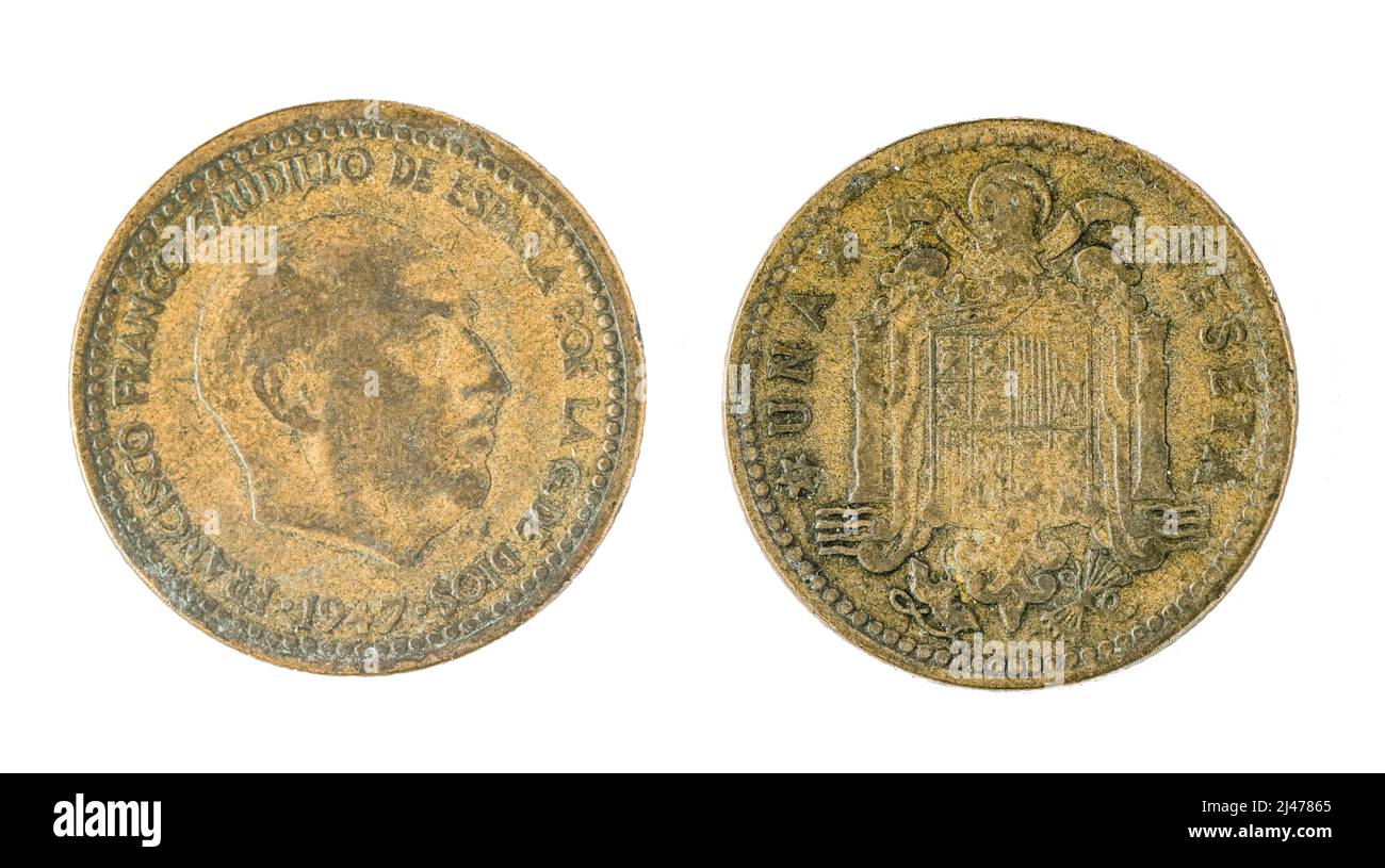 Spanische Münzen - 1 Peseta, Francisco Franco. Geprägt in Kupfer des Jahres 1947 Stockfoto