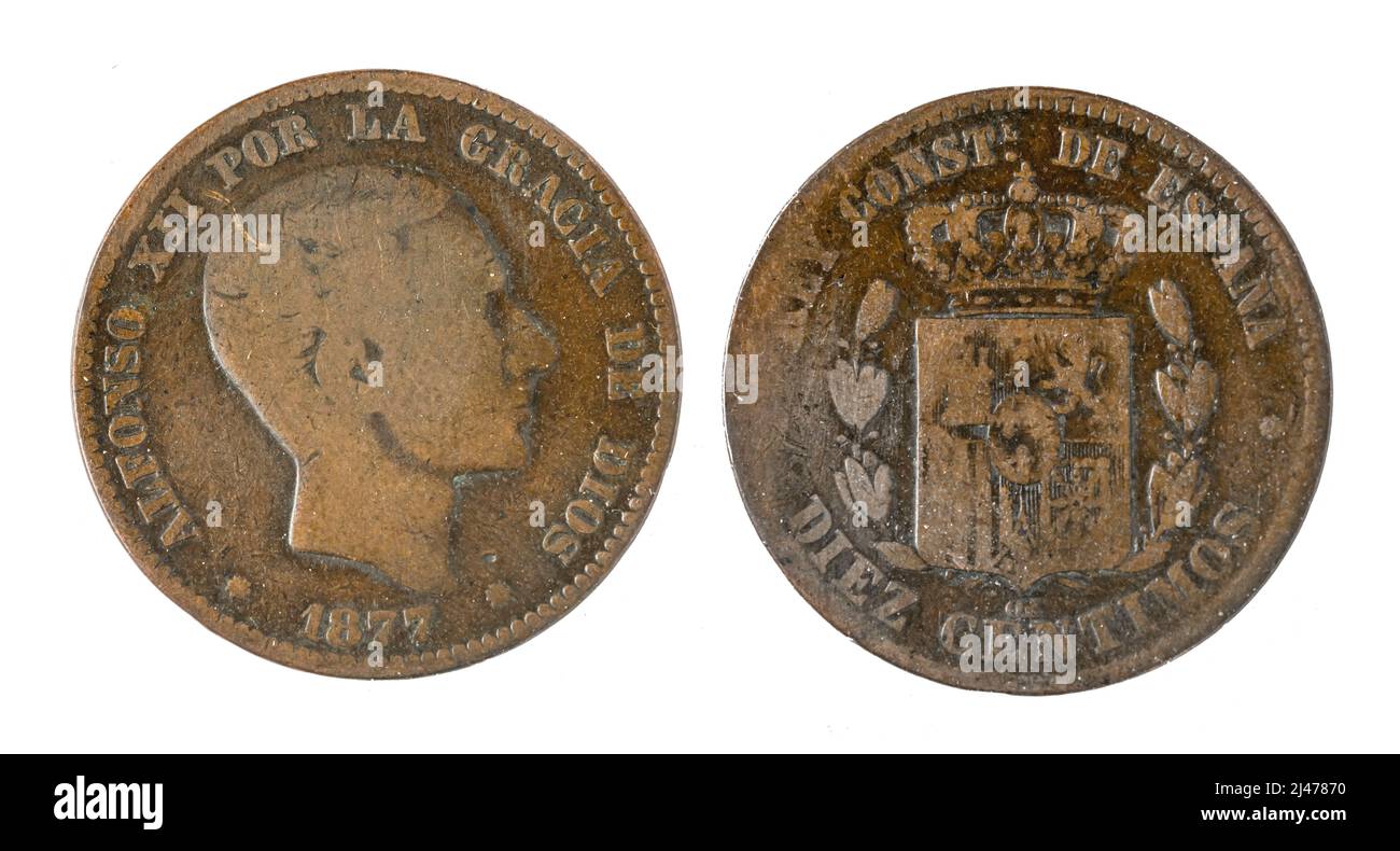 Spanische Münzen - 10 Cent, Alfonso XII. 1877 in Bronze geprägt Stockfoto