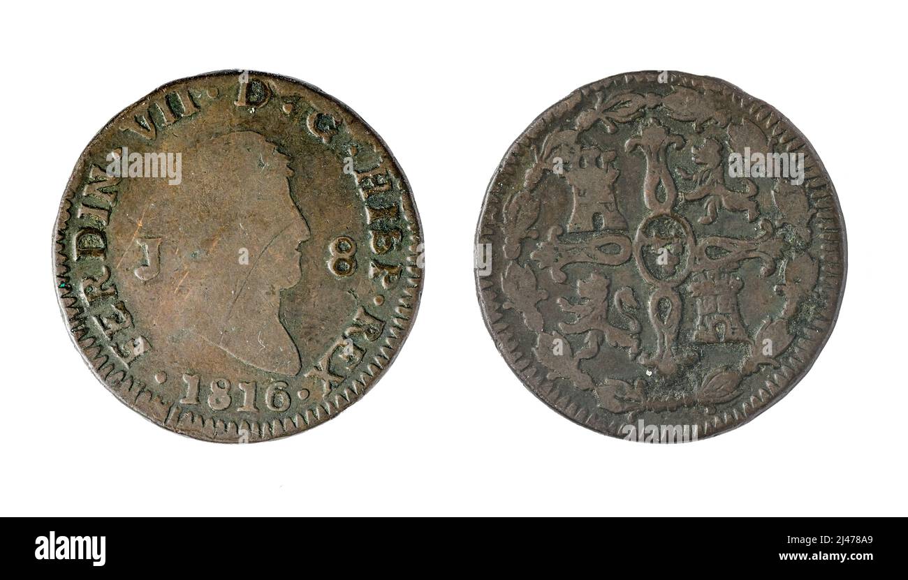 Spanische Münzen - 8 Maravedis, Ferdinand VII. 1828 in Bronze geprägt Stockfoto