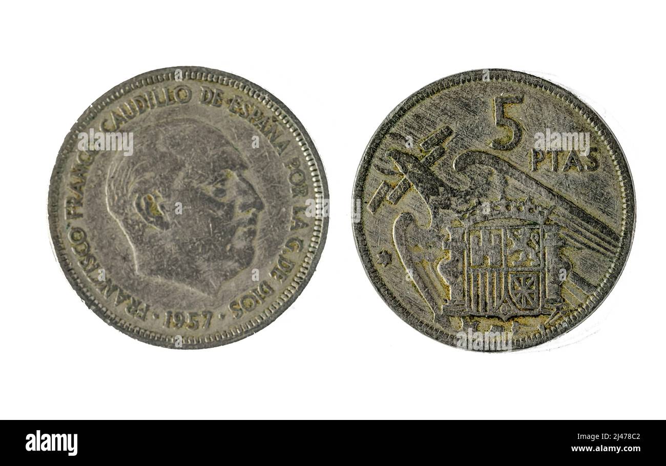 Spanische Münzen - 5 Pesetas, Francisco Franco. Geprägt im Jahr 1956 Stockfoto