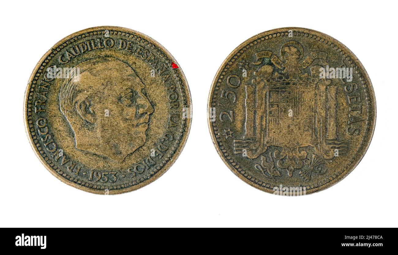 Spanische Münzen - 2,5 Pesetas, Francisco Franco. Geprägt im Jahr 1953 Stockfoto