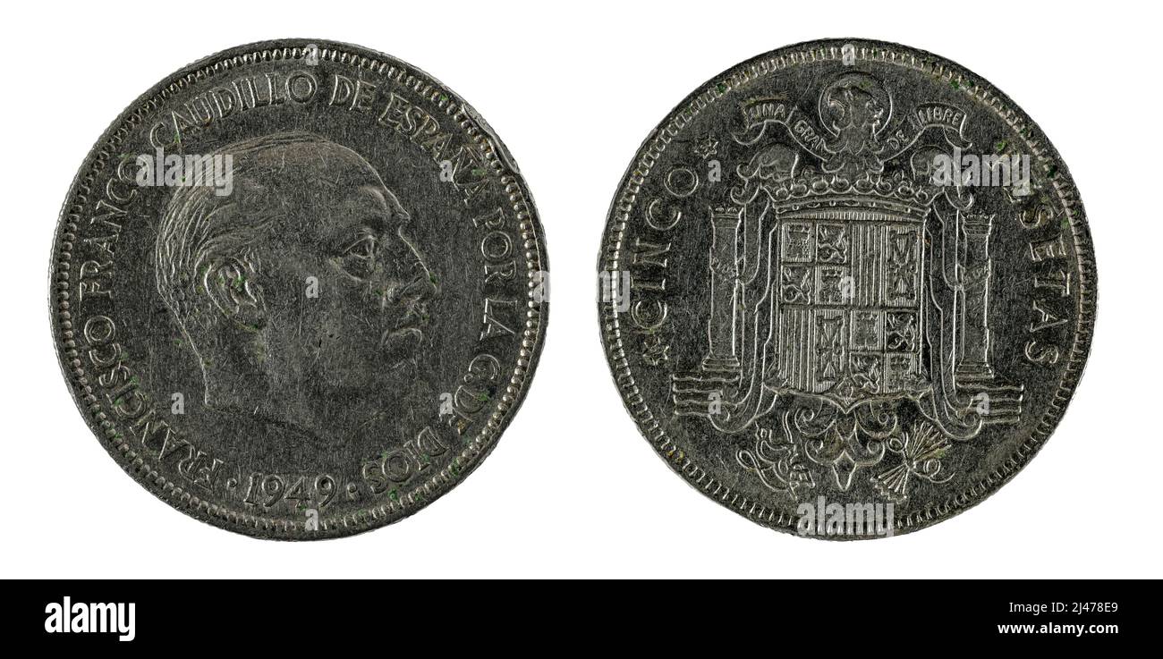 Spanische Münzen - 5 Pesetas, Francisco Franco. Geprägt im Jahr 1949 Stockfoto