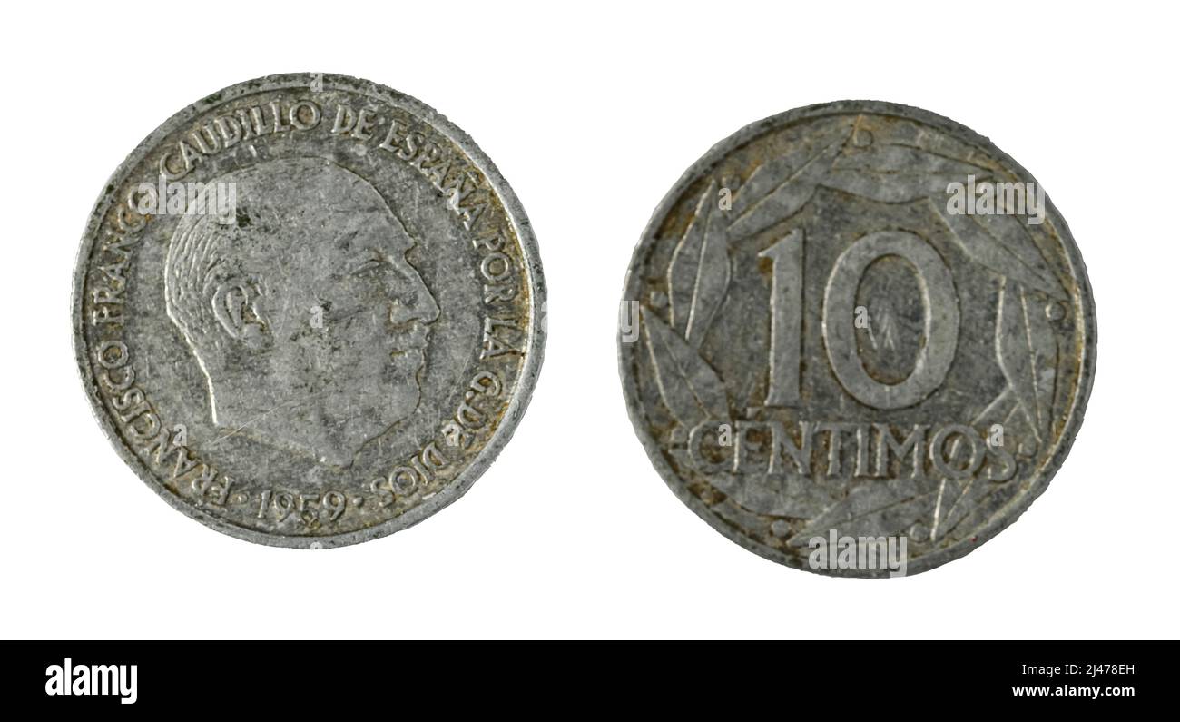 Spanische Münzen - 10 Cent, Francisco Franco. Geprägt in Nickel aus dem Jahr 1959 Stockfoto