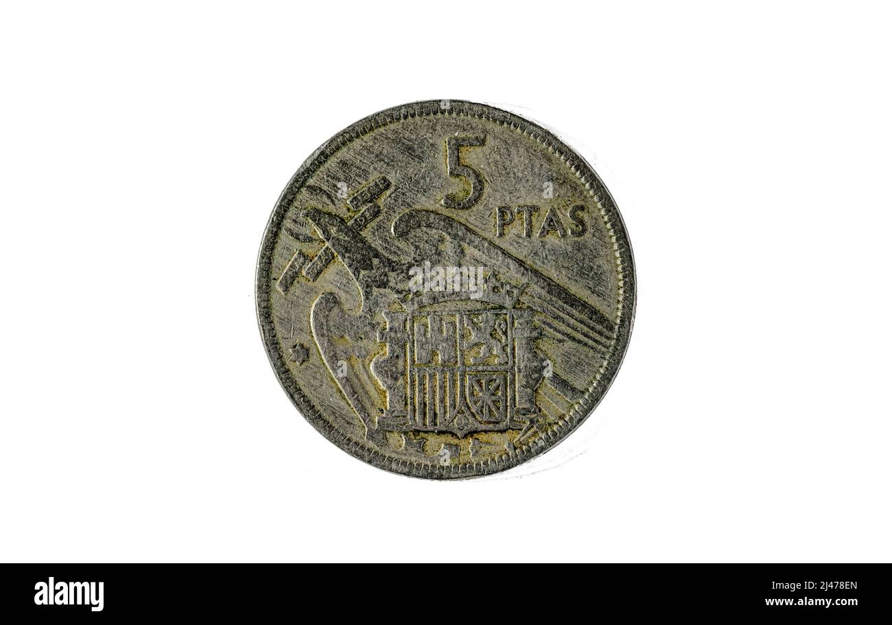 Spanische Münzen - 5 Pesetas, Francisco Franco. Geprägt im Jahr 1956 Stockfoto