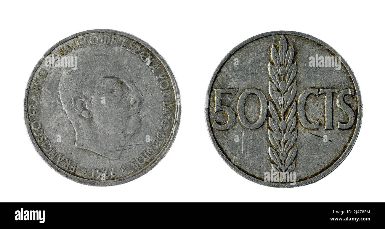 Spanische Münzen - 50 Cent, Francisco Franco. Geprägt in Nickel aus dem Jahr 1966 Stockfoto