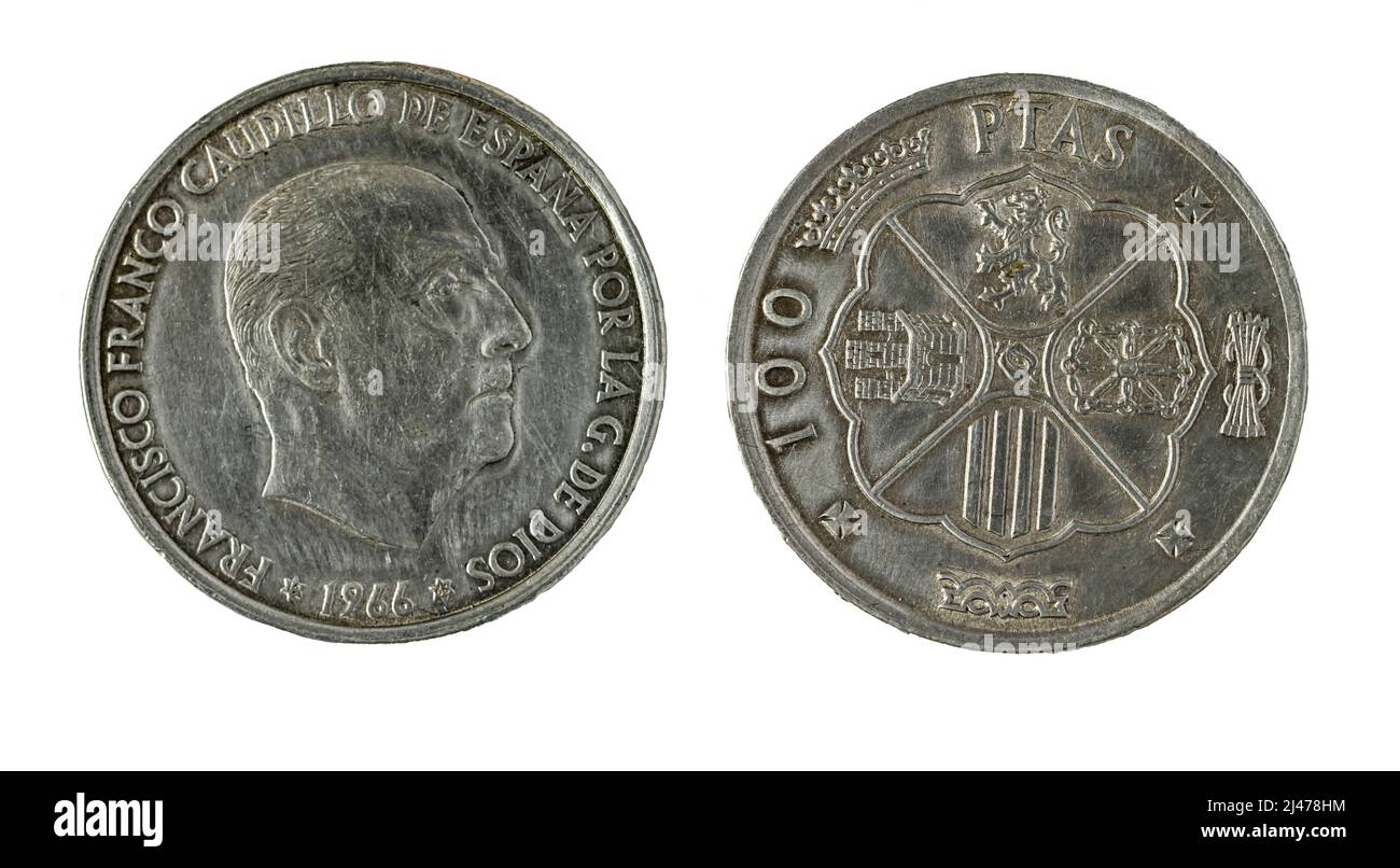 Spanische Münzen - 100 Pesetas, Francisco Franco. Geprägt in Silber aus dem Jahr 1966 Stockfoto