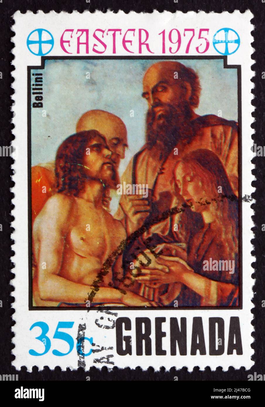 GRENADA - UM 1975: Eine in Grenada gedruckte Marke zeigt Kreuzabnahme, Gemälde von Bellini, Ostern, um 1975 Stockfoto