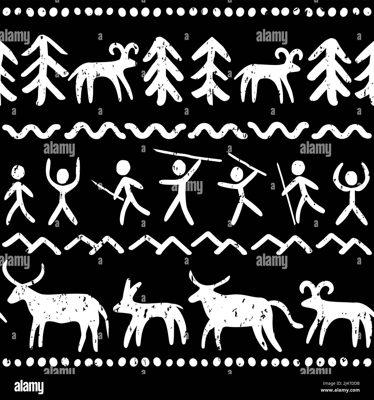 Prähistorische Höhlenmalereien Kunst Vektor nahtlose Muster in weiß auf schwarzem Hintergrund, primitive Design inspiriert von Steinzeichnungen mit Menschen und Anima Stock Vektor
