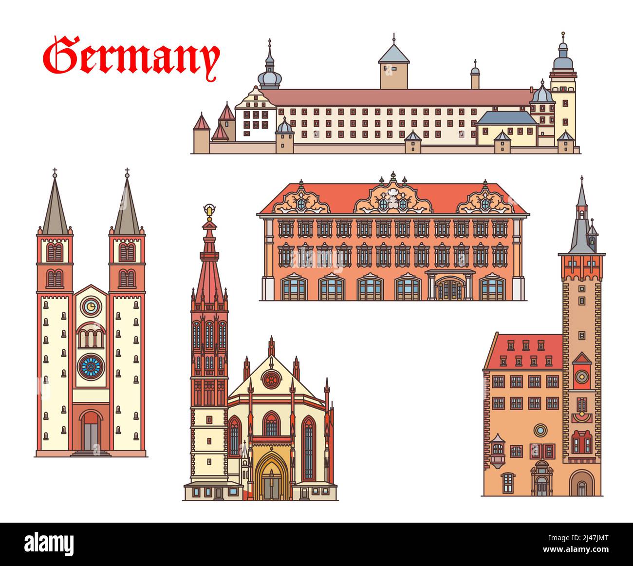 Deutschland Architektur Gebäude, Würzburg Reise Sehenswürdigkeiten, Vektorkirchen und Kathedralen. St.-Kilians-Dom, altes rathaus, Marienkapelle oder Marienkapelle, Festung Marienberg und Falkenhaus Stock Vektor