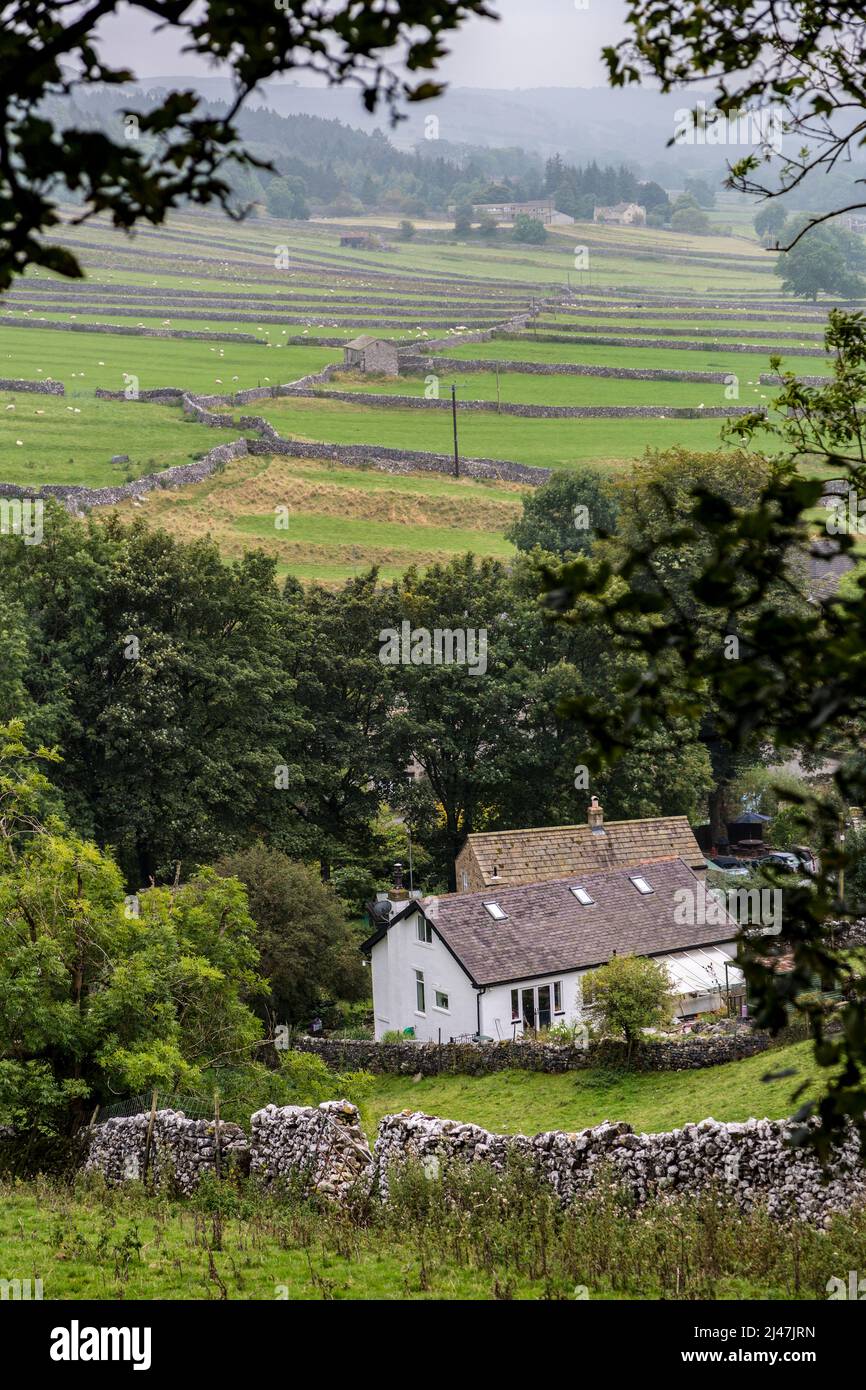Großbritannien, England, Kettlewell, Yorkshire Dales.  Haus im Dorf und Steinmauern Abgrenzung Weiden im Hintergrund. Stockfoto