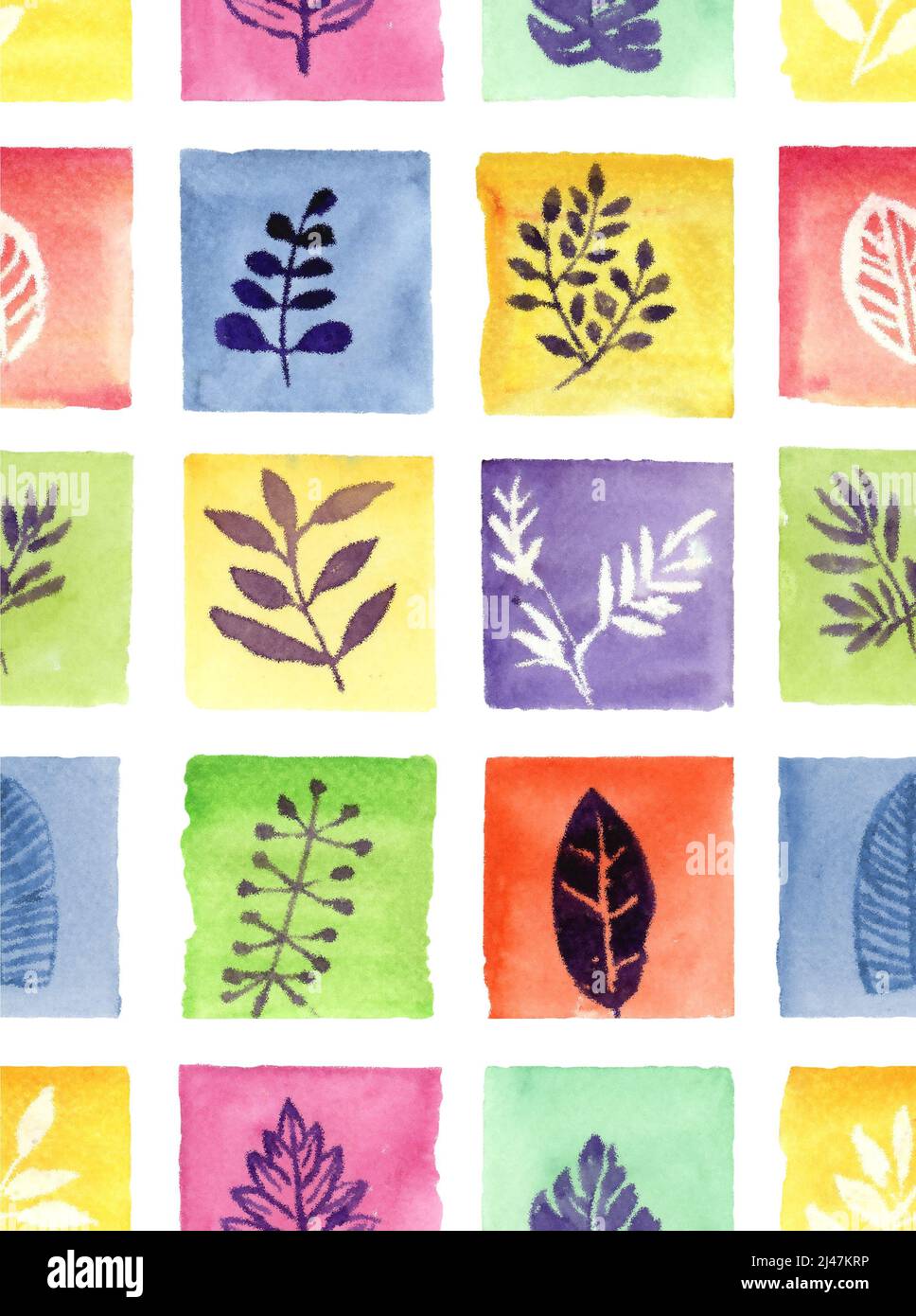 Nahtlos handbemalt Multicolor Aquarell tropischen Blätter innerhalb Blöcke Muster Stockfoto