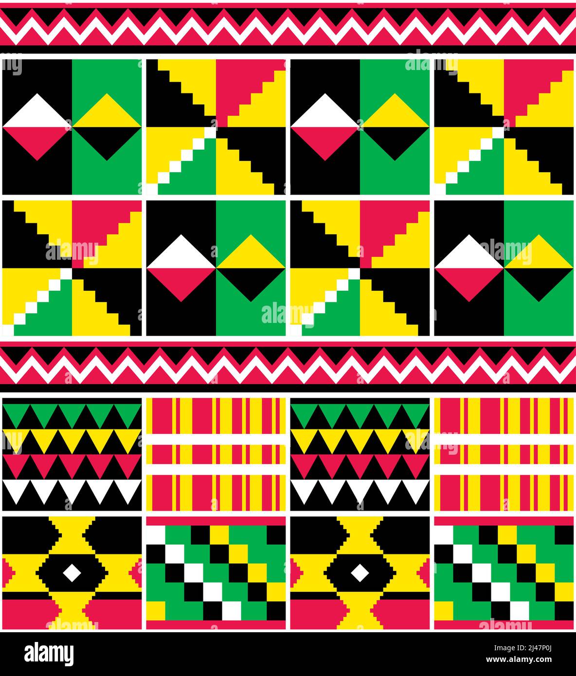Kente nwentoma geometrisches Vektor-nahtloses Muster in Grün, Rot und Gelb, inspiriert von afrikanischen Stammesstoffen oder Textilien aus Ghana Stock Vektor
