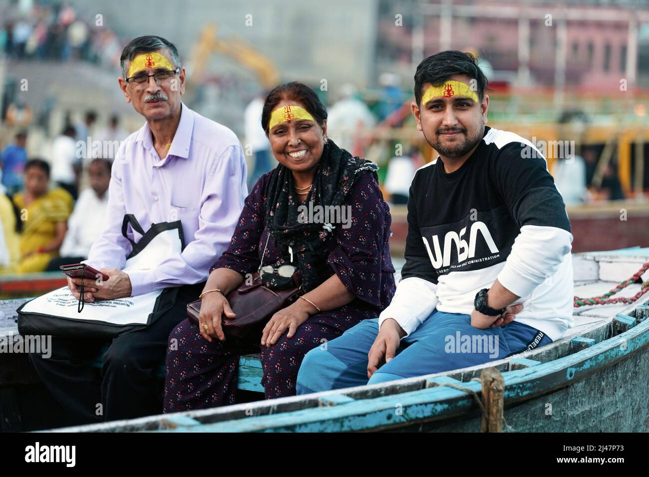 Ghats, Boote und den Fluss Ganges, Varanasi, Uttar Pradesh, Indien Stockfoto