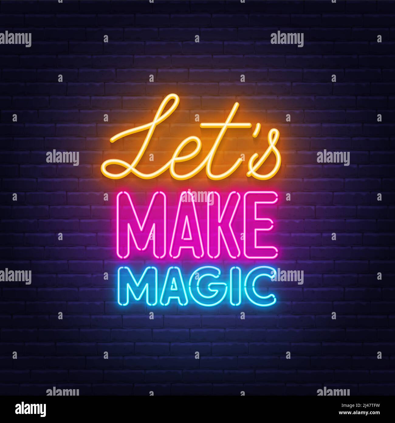 Lassen Sie uns Magic Neon Schriftzug auf Backstein Wand Hintergrund zu machen. Stock Vektor