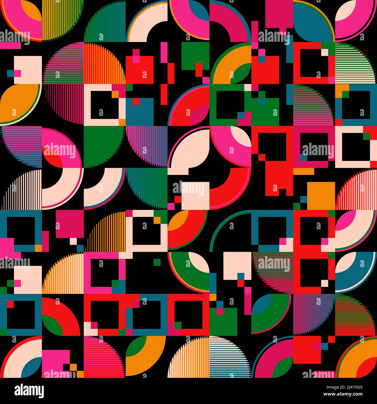 Neonfarbene abstrakte Vektormuster mit verschiedenen geometrischen Formen und Elementen. Digitales Grafikdesign für Poster, Cover, Kunst, Presenta Stock Vektor