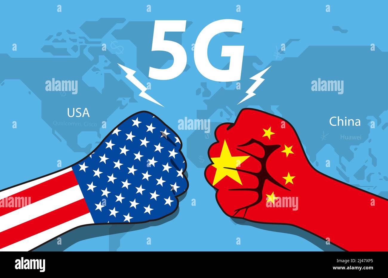 5G Konflikt zwischen den USA und China, Wirtschaftskrieg Stock Vektor