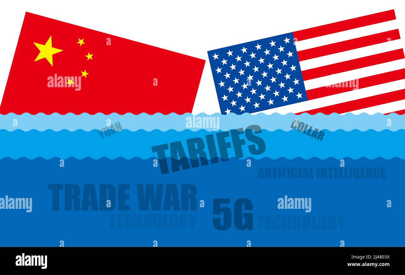 Handelskrieg von China und den Vereinigten Staaten, Flagge sinkt im Meer, Vektor-Illustration Stock Vektor