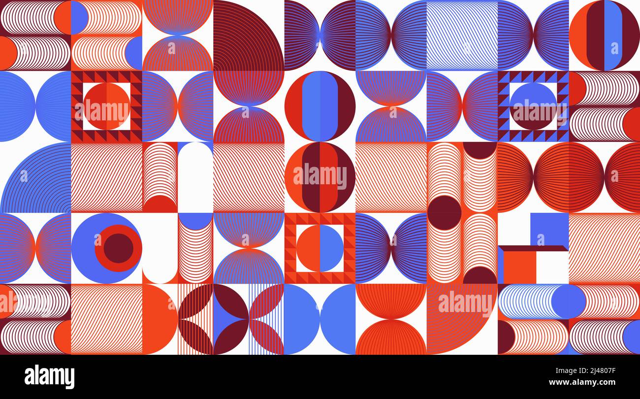 Muster der modernen Kunst, inspiriert vom Bauhaus-Design, mit abstrakten geometrischen Formen und kräftigen Formen. Digitale Grafikelemente für Poster, Cover, Kunst, PR Stock Vektor