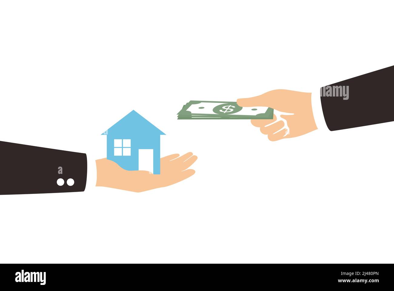 Austausch Konzept, Hände mit Haus und Dollar. Stock Vektor