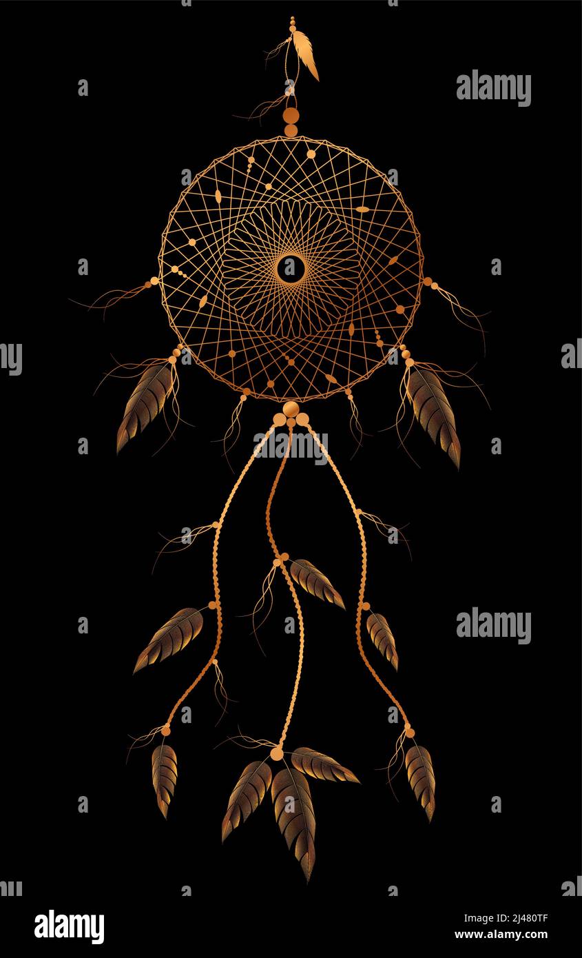 traumfänger mit Mandala-Ornament und Vogelfedern. Gold Mystic Symbol, ethnische Kunst mit indianischen einheimischen Boho-Design, Vektor isoliert Stock Vektor