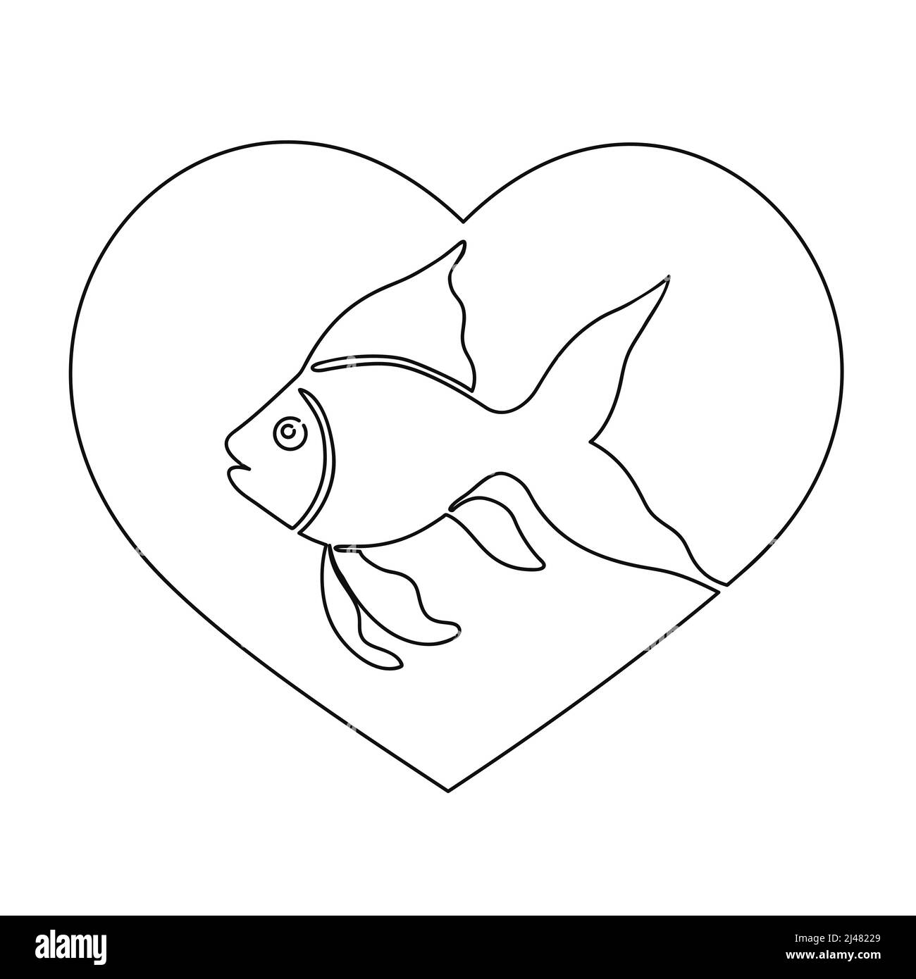 Der Fisch ist in das Herz eingeschrieben. In einer durchgehenden Linie auf weißem Hintergrund gezeichnet. Abbildung des isolierten Vektorgrafiken Stock Vektor