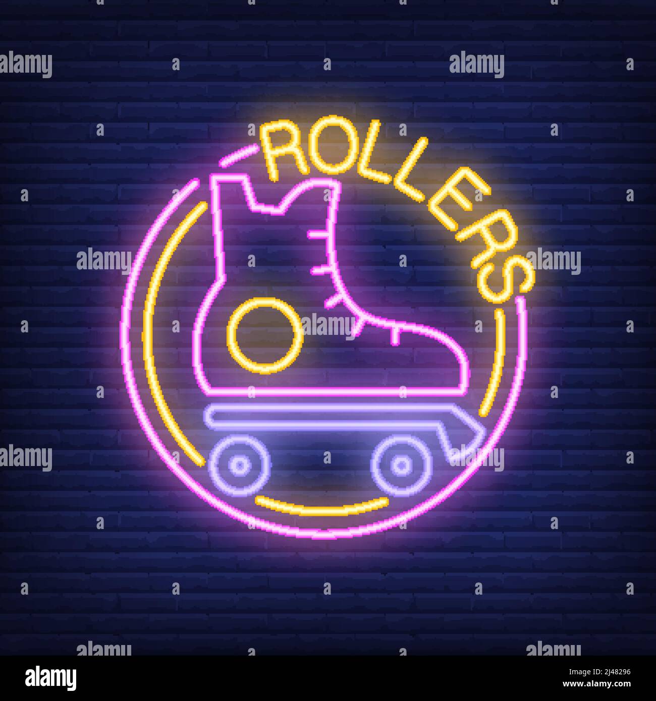 Roller Neon Wort mit Roller Skate Logo. Neonschild, nächtliche Werbung, buntes Schild, Lichtbanner. Vektorgrafik im Neon-Stil. Stock Vektor