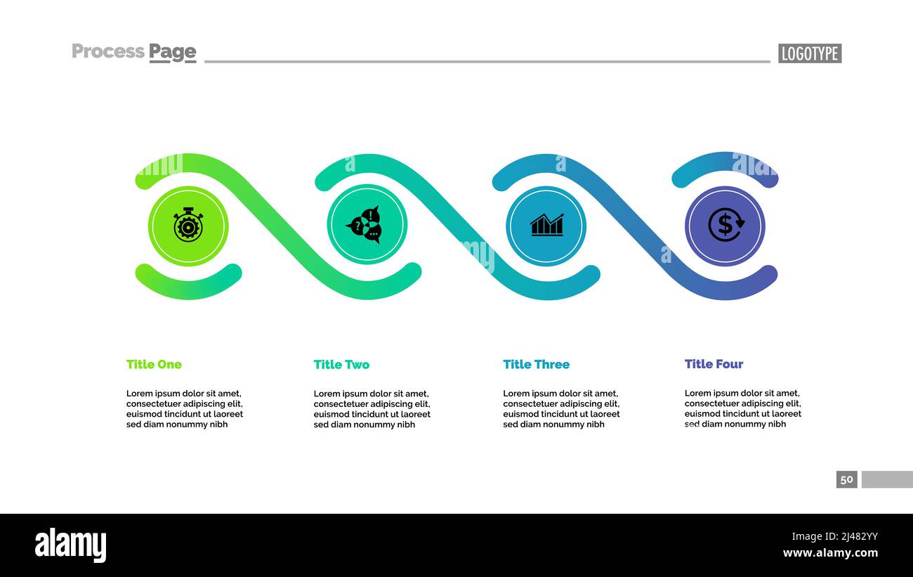 Prozessdiagramm-Vorlage für vier Elemente. Geschäftsdaten. Abstrakte Elemente des Diagramms, Grafik. Strategie, Workflow, Management oder Planung kreatives Konzept Stock Vektor