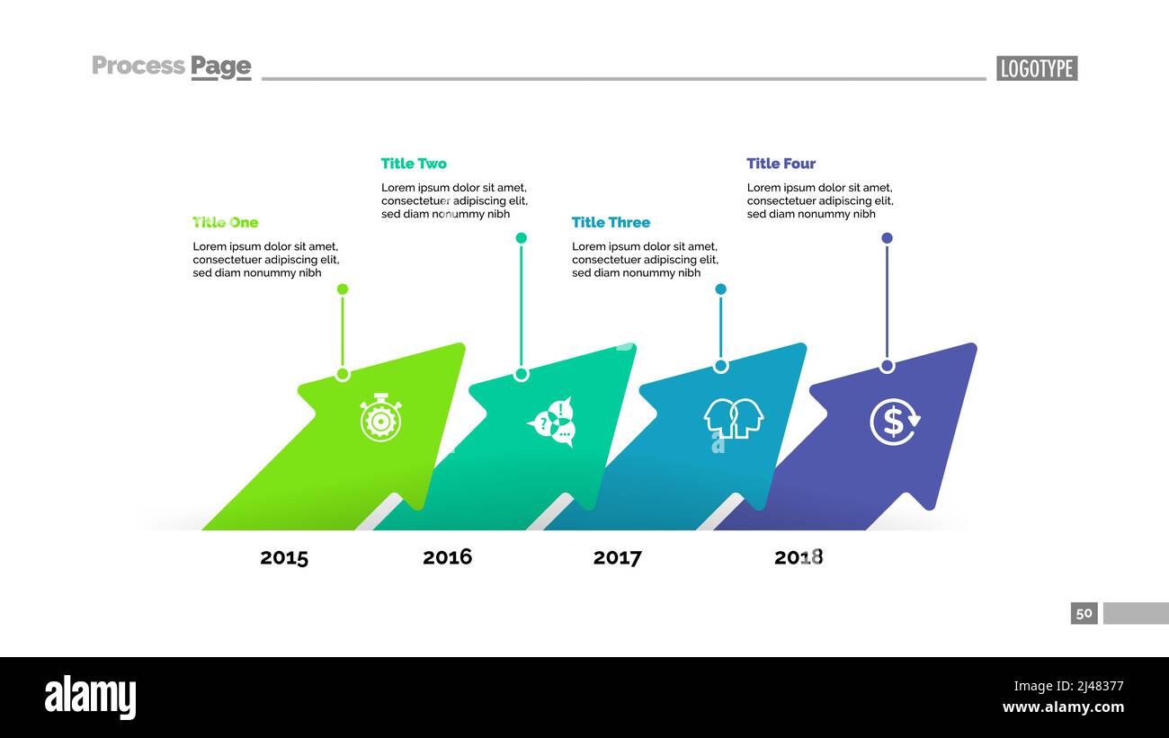 Vorlage für Prozessdiagramme mit vier Pfeilen in der Zeitachse. Geschäftsdaten. Abstrakte Elemente des Diagramms, Grafik. Strategie, Idee, Management oder Marketing kreative Co Stock Vektor