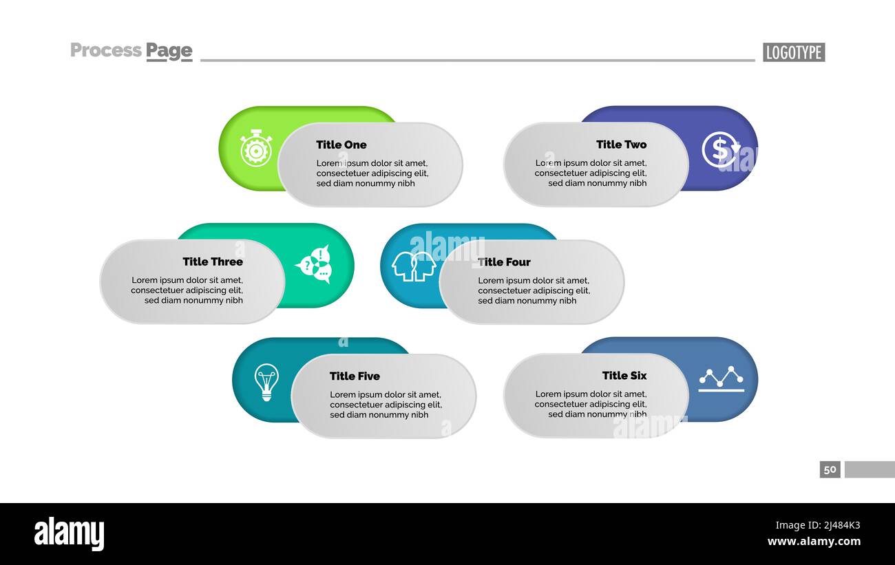 Vorlage für das Prozessdiagramm für sechs Optionen. Geschäftsdaten. Abstrakte Elemente des Diagramms, Grafik. Werbung, Idee, Analika, Schulung oder Marketing c Stock Vektor