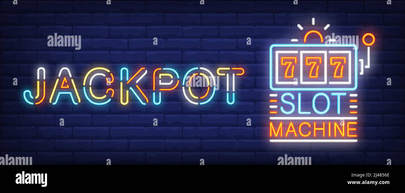 Jackpot Gewinner Neonschild. Dreifache Siebener auf Spielautomat auf Backsteinmauer Hintergrund. Nächtliche Werbung. Vektorgrafik im Neon-Stil für On Stock Vektor