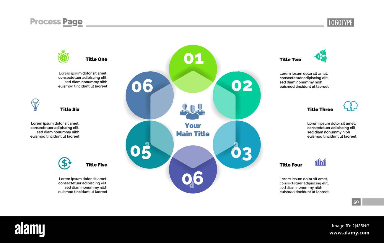Vorlage für sechs-Kreis-Flussdiagramm. Geschäftsdaten. Grafik, Diagramm, Design. Kreatives Konzept für Infografik, Webdesign. Kann für Themen wie verwendet werden Stock Vektor