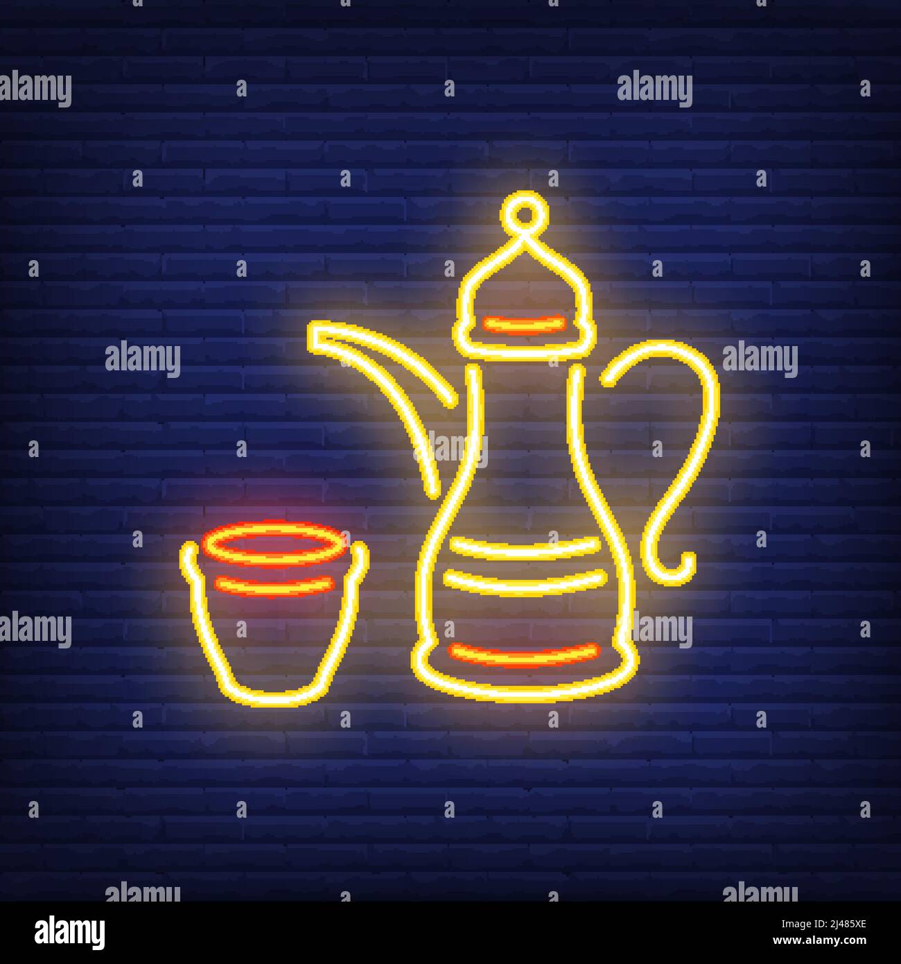 Arabisches Kaffee-Neonschild. Traditionelle Kaffeebecher symbolisieren Gastfreundschaft. Nächtliche Werbung. Vektorgrafik im Neon-Stil für Cafe oder Res Stock Vektor