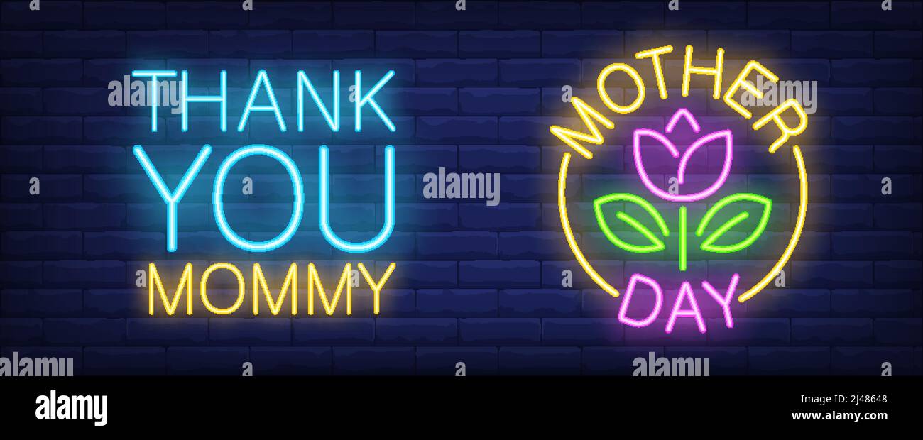 Mother Day Neon-Schild. Rosa Tulpe mit Blättern im gelben Kreis. Danke Mama Schriftzug. Vektor-Illustration in Neon-Stil für Dankbarkeit oder internati Stock Vektor