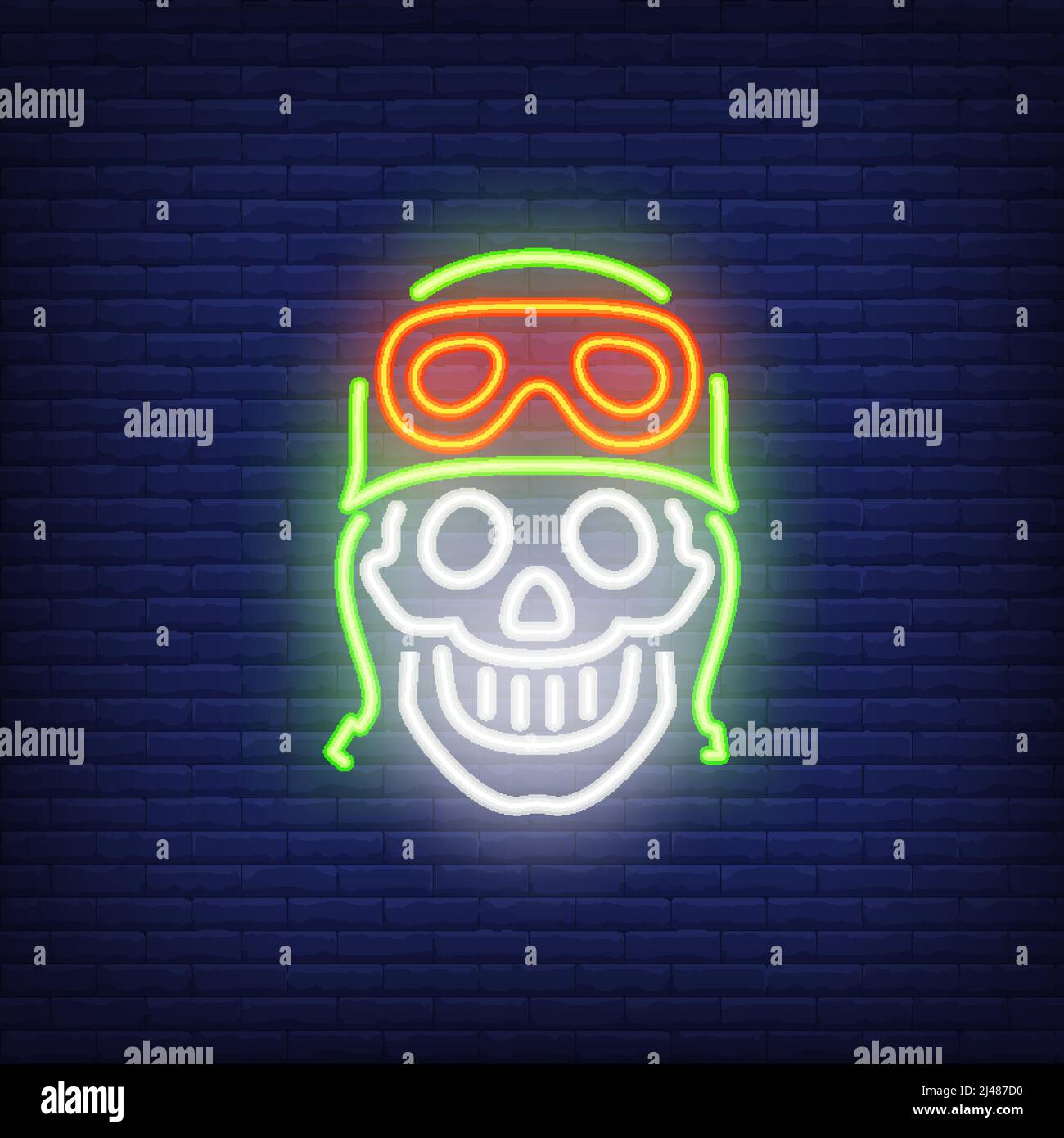 Menschlicher Schädel im Helm auf Backstein Hintergrund. Vektorgrafik im Neonstil. Bikerklub, Motocross, Motorradladen. Biker-Banner. Für Hobby, Biker cul Stock Vektor